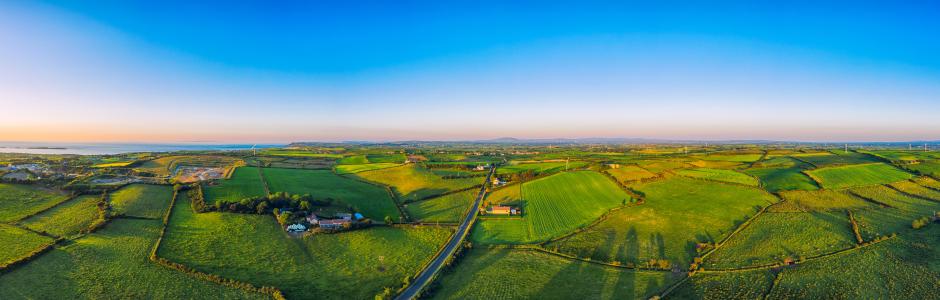 aerial panoramic view of summer countryside sunset, Northern Ireland