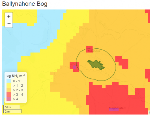 Map showing Modelled concentrations of ammonia around Ballynahone Bog