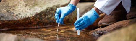 Scientist wearing blue gloves testing water quality