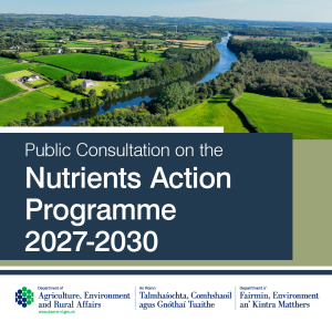 image of a watercourse reads in white writing on blue block - public consultation on nutrients action programme 2027-2030.