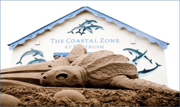 A Photograph of the Portrush Coastal Zone building with a sand sculpture of a turtle.