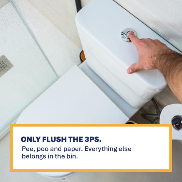 Someone pressing the flusher on a white toilet with text 'Only flush the 3Ps. Pee, poo and paper. Everything else belongs in the bin.
