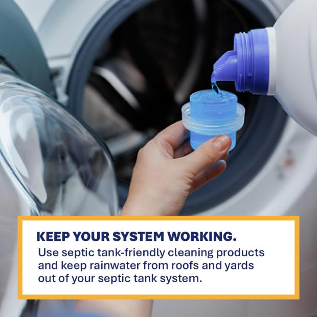 Someone adding detergent to a washing machine - with wording 'Keep your system working. Use septic tank-friendly cleaning products and keep rainwater from roofs and yards out of your septic tank system